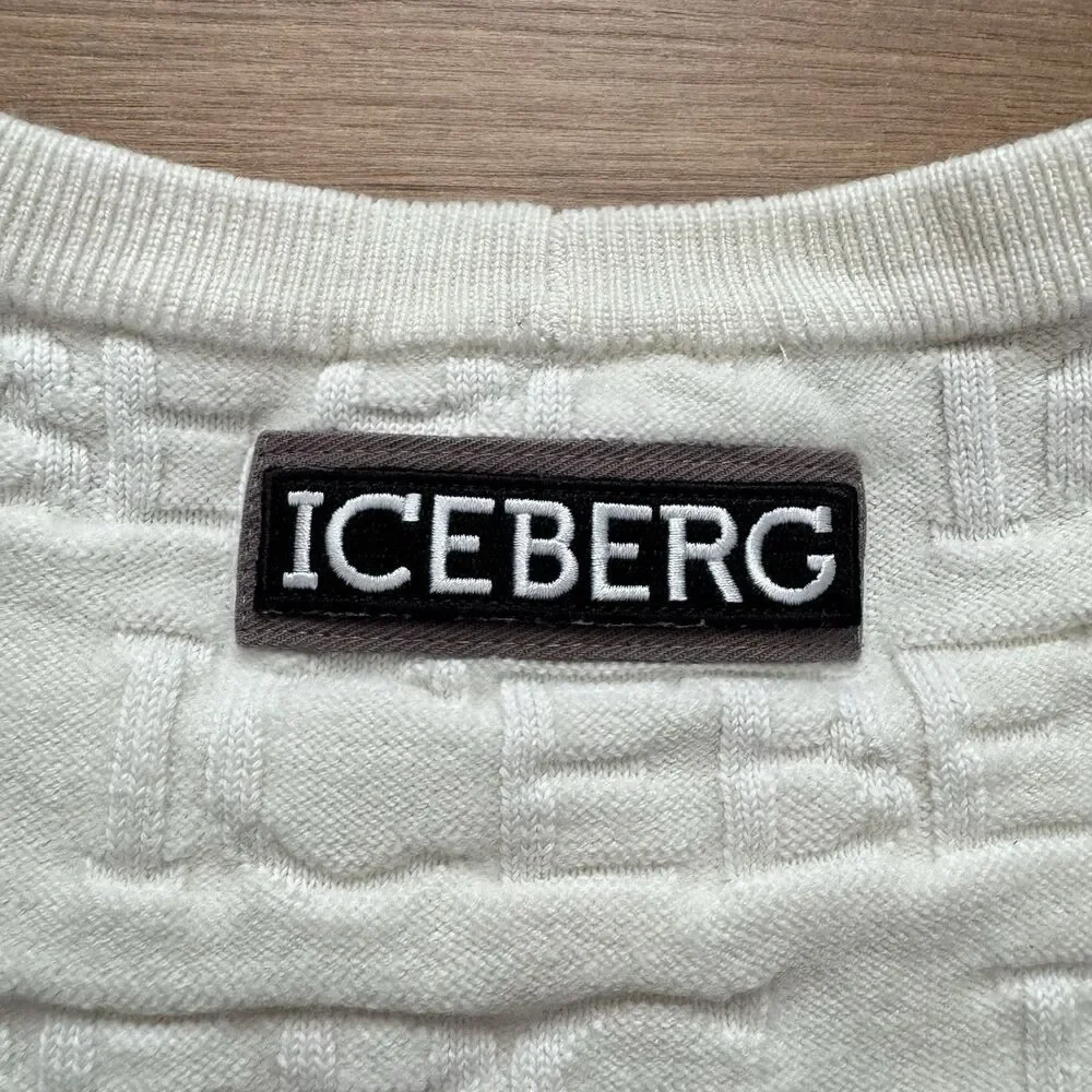 Vintage 90s Iceberg All Over Logo Knit Sweater Cream Wool Blend Size XXXL Italy
